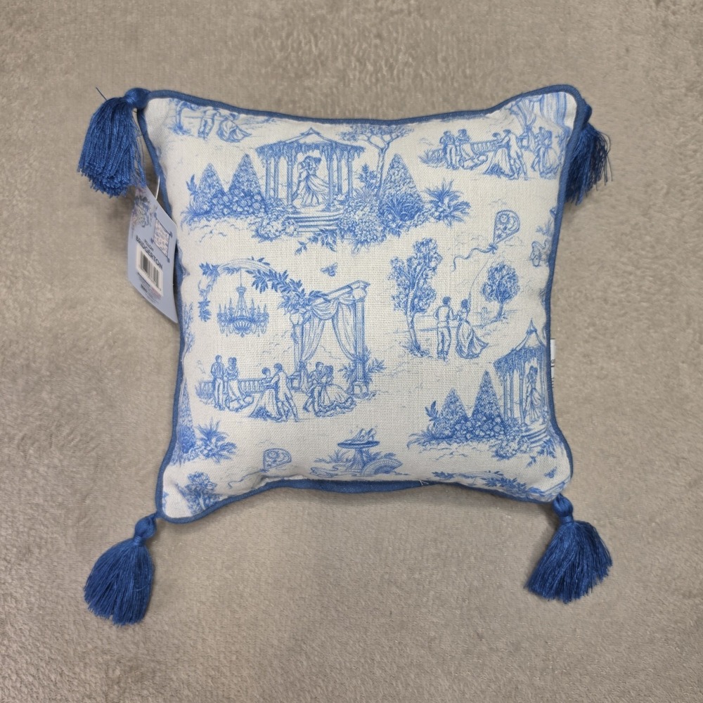 Bridgerton Toile Throw Pillow Blue White Garden Tassel Cushion 10" x 10" Dating - Picture 10 of 16
